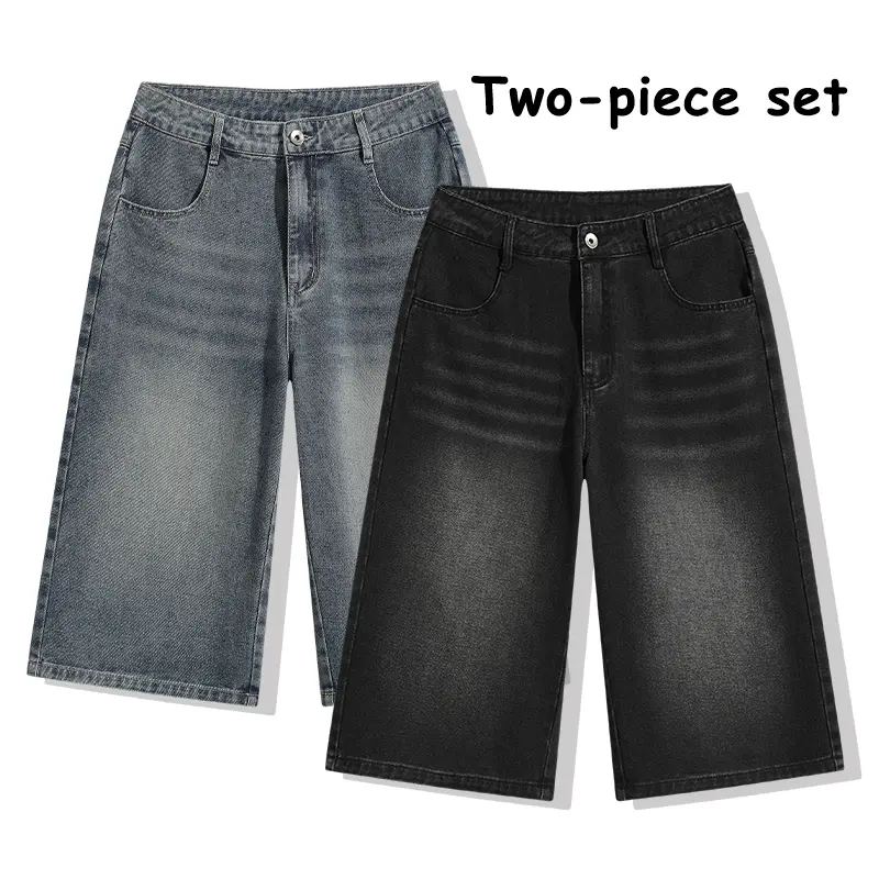 2-Pack Multicolor Baggy Denim Jorts Vintage Wash Wide-Leg Jeans Shorts – Hip-Hop Skater Casual Loose Fit Knee-Length