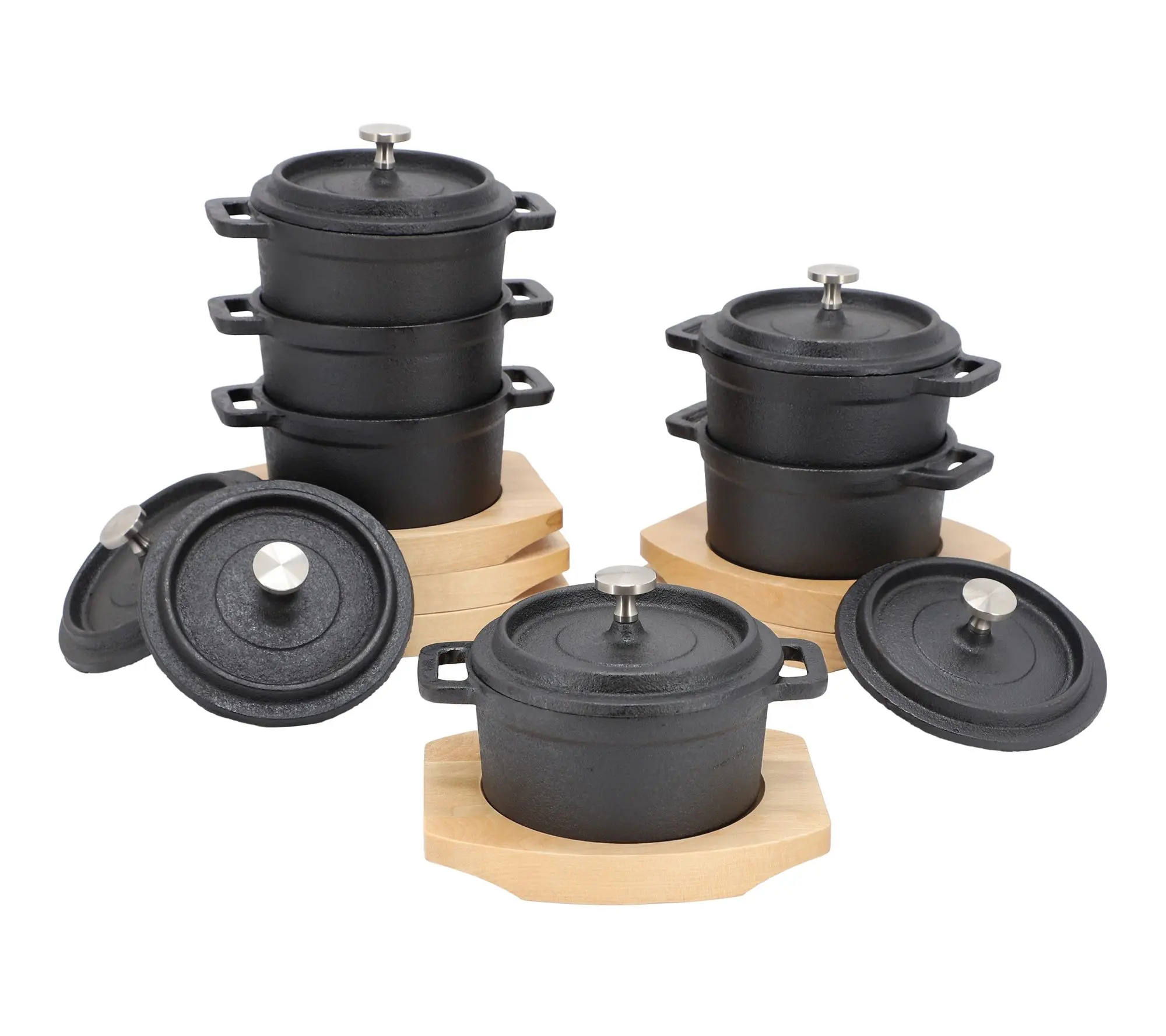 MegaChef 6pc Cast Iron 8 Ounce Mini Dutch Oven with Wood Tray