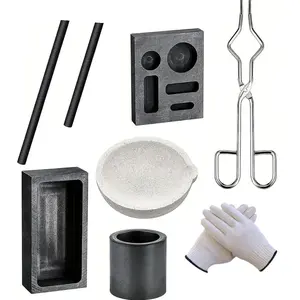 8 pieces of graphic flame melting casting kit, 2 graphic molds, 2 crucibles, 2 graphic bars, 1 clip, 1 pair of gloves, metal casting mold kit, metal processing tools, craft metal products, professional casting, fine craftsmanship, sturdy crucibles, reliab