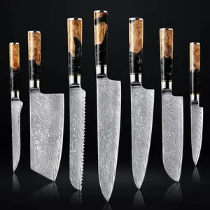 67-Layer Damascus Steel Kitchen Knife Set with Black Resin Handles - 7-Piece Japanese Chef Knife Set "Tsunami" Collection, Forged from Japanese VG10 Steel - Senken Knives