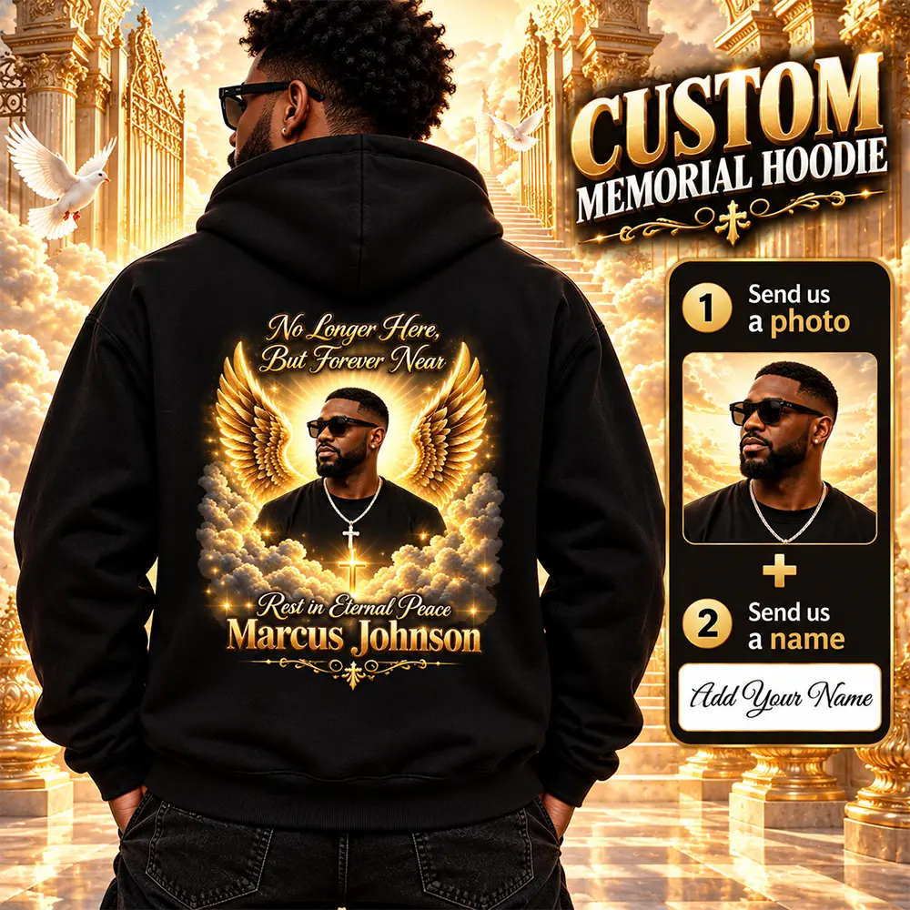 Custom Memorial Hoodie with Photo & Name, Personalized In Loving Memory Sweatshirt, Angel Wings Remembrance Hoodie, RIP Tribute Gift for Family & Friends, Back Print