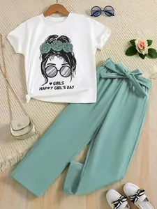 Girls' Breathable Fabric Knit Top & Wide Leg Pants Set, Summer Cartoon Print Casual, Thin Lightweight Clothing, Summer Outfits Set