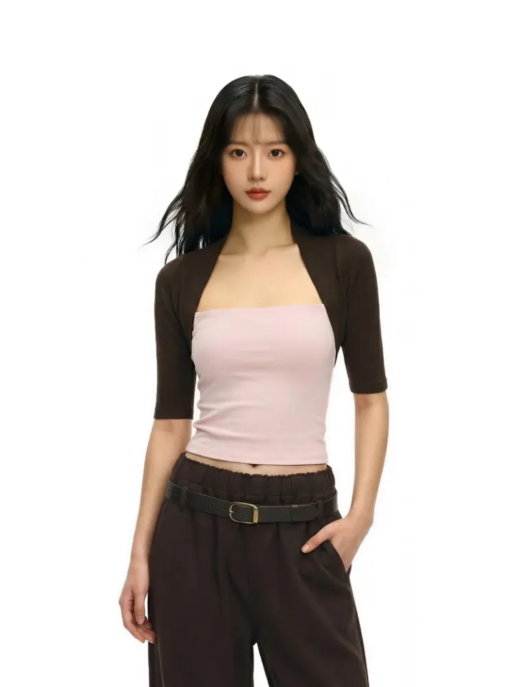 FDR GDES Women's Square Neck Half Sleeve T-Shirts Mock Layered Shrug Tee | Slim Fit Cropped Half Sleeve Top with Contrast Color Soft Stretch Knit Everyday wear & Workout #Summervibes Casual Style Womenswear summerwins