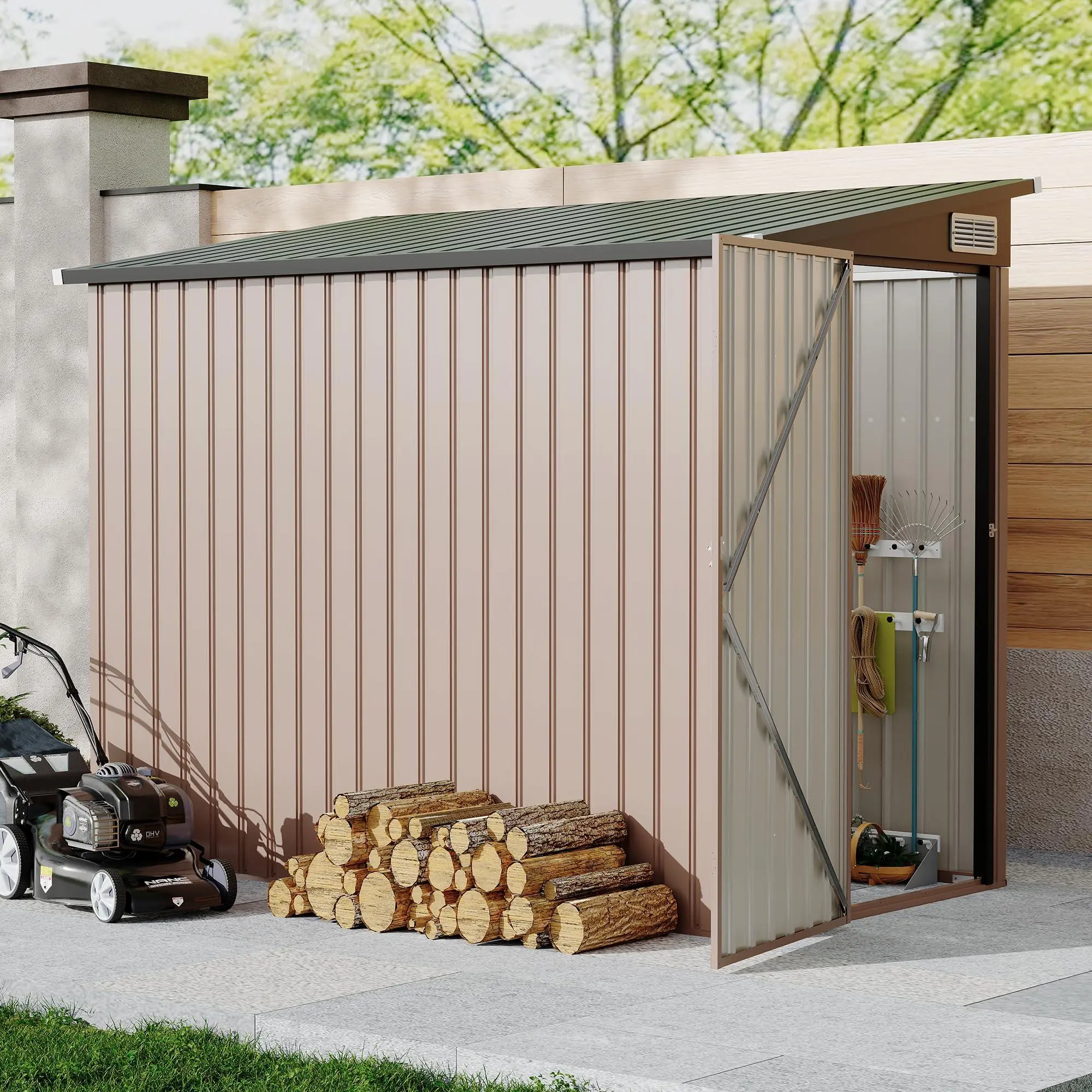 4x8FT Metal Outdoor Lean-to Storage Shed, Heavy-Duty Wall-Side Garden Utility Tool Shed with Lockable Door and Air Vent, Large Utility Sheds for Backyard, Patio, Lawn, Poolside, Galvanized Steel, Includes Hardware, Weatherproof