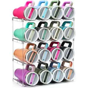 Design for  40 OZ & Large Bottles & Tumblers with Handle -  Water Bottle Organizer - Stackable Clear  Rack Cup Holder for  Kitchen Pantry Shelf Countertop Cabinet, 4 Tier Hold 16