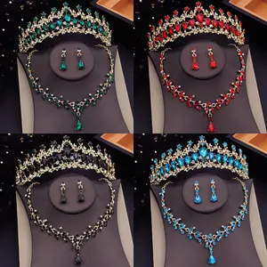 Elegant Rhinestone Bridal Crown and Jewelry Set, 3-Piece Princess Queen Tiara, Necklace, Earrings for Wedding - Fashionable Hand-Washable Accessories  Pendants