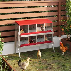 8-Compartment Metal Leg Chicken Nesting Box with Safety Cover, Versatile Wall-Mounted or Standalone Design, Perfect for Egg Laying, Red