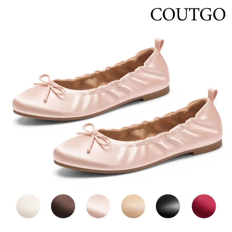 Coutgo Women's Classic Ballet Flats - Faux Leather Plain Design, Round Toe, Bow Accent, Rubber Sole, Lightweight Slip-On Formal Casual Trendy Footwear for Work