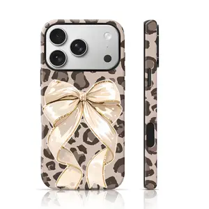 Leopard Print Satin Bow Design Mobile Phone Case 360 Protection for iPhone 17 Pro Max/16 Pro Max /15Pro Max 15/14/13/12 & Samsung S26 /S25Ultra for Girls