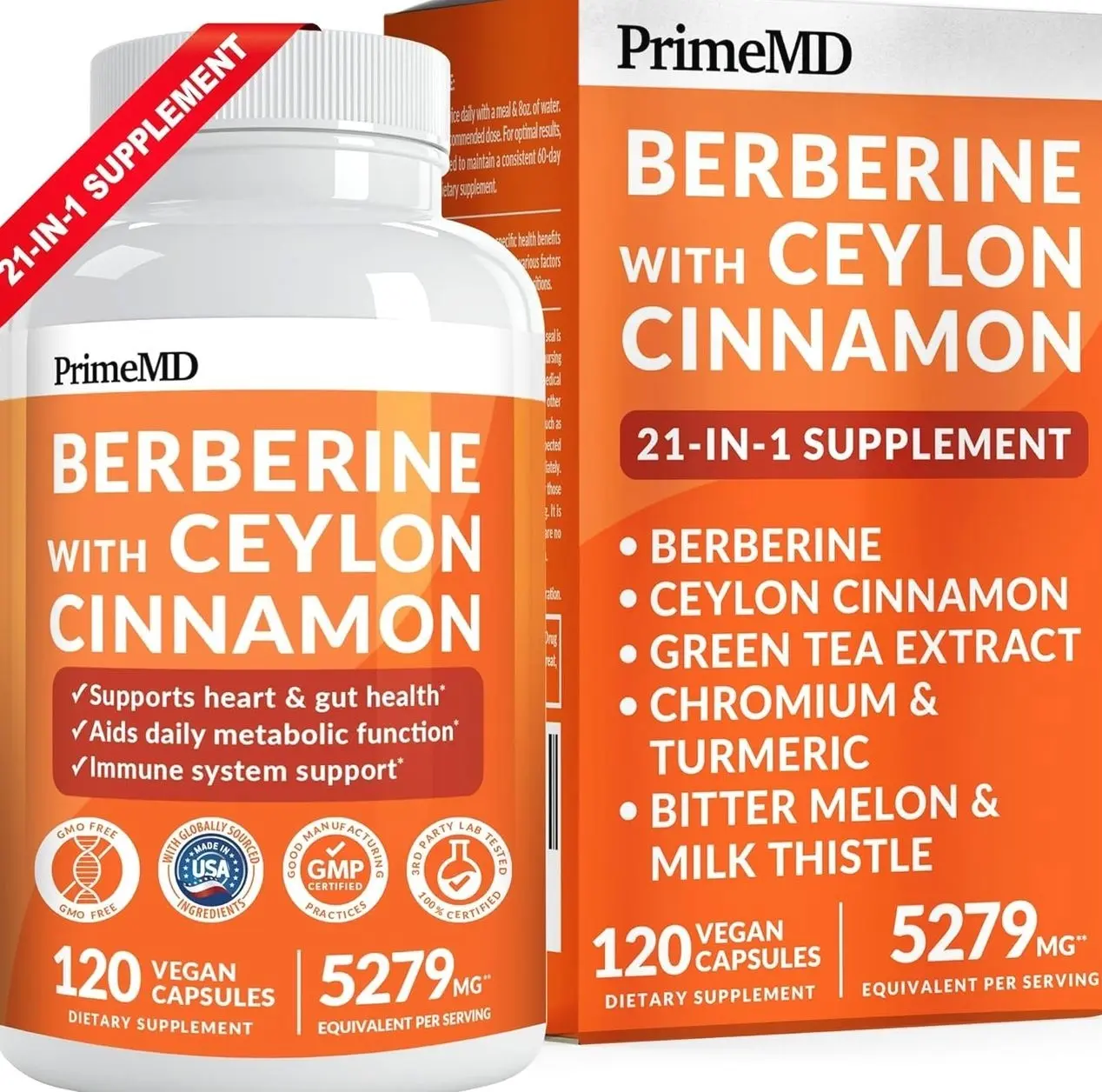 21-in-1 Berberine Supplement with Ceylon Cinnamon with Chromium, Bitter Melon and Green Tea Extract and Black Pepper Extract 5X for Energy & Metabolism Support with 5279 mg (120 ct, Pack of 1)