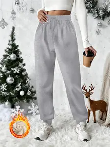 Women's Lamb Wool Long Pants, Winter Warm Thick Fleece Trousers, Casual Daily Wear, Comfortable and Cozy, One Piece Set
