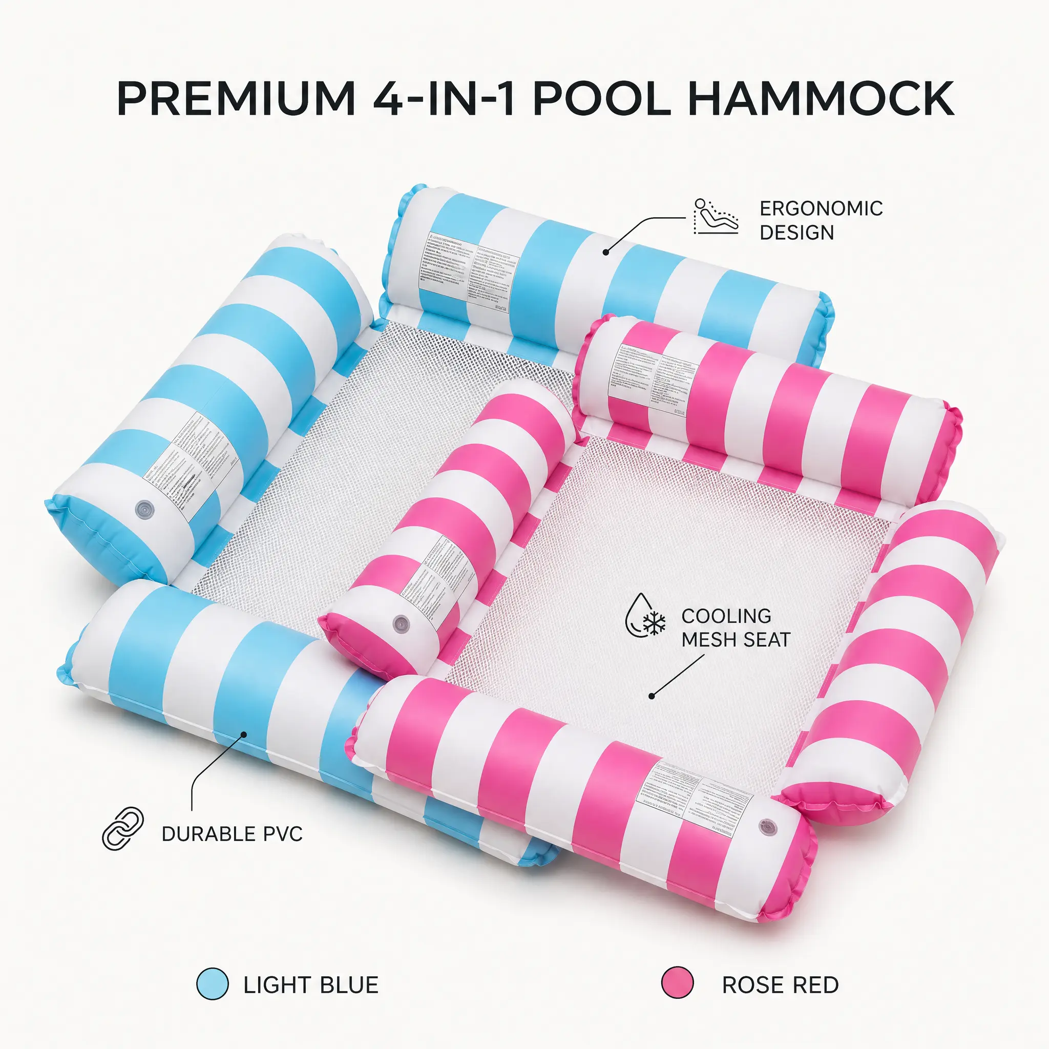 Inflatable Pool Floats Adult, 4-in-1 Water Hammock Floating Lounge Chair with Manual Air Pump, Foldable Heavy Duty Blow Up Floatie for Lake Beach River, Stable Anti-Side-Rollover Swimming Pool Lounge Chair with Pillow, Blue