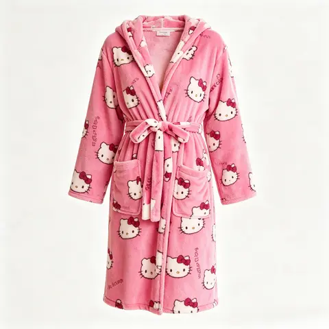 Official Sanrio Hello Kitty Hooded Fleece Robe for Women, Ultra-Soft Coral Fleece Fabric, Self-Tie Waist Belt & Side Pockets, Warm Long Sleeve Bathrobe for Indoor Lounging & After Shower Use