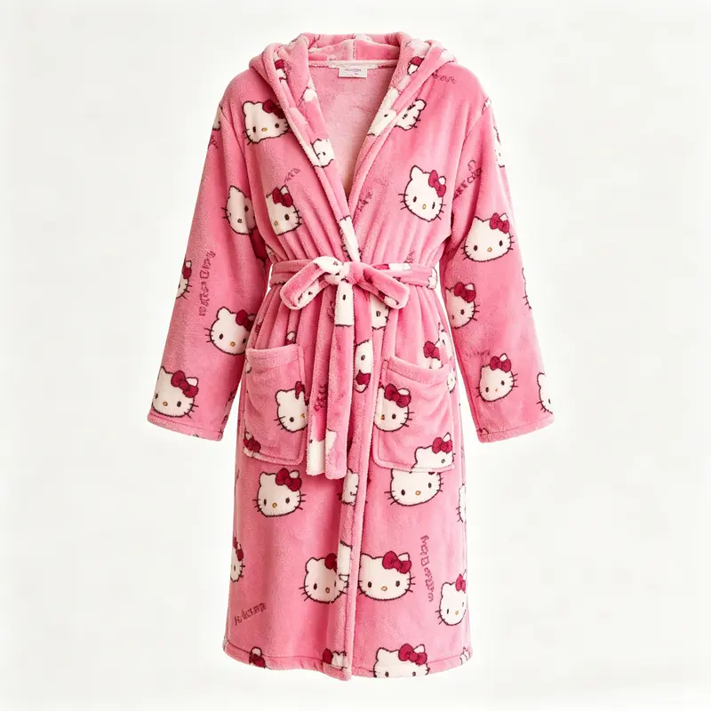 Official Sanrio Hello Kitty Hooded Fleece Robe for Women, Ultra-Soft Coral Fleece Fabric, Self-Tie Waist Belt & Side Pockets, Warm Long Sleeve Bathrobe for Indoor Lounging & After Shower Use