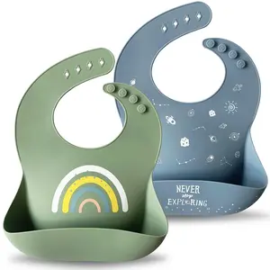 Silicone Baby Bibs Set of 2, BPA Free Waterproof Baby Bibs  Eating, Soft Adjustable Silicone Bibs  Babies 6-12 Months, Toddler Bibs with Large Pocket Food Catcher (Tradewinds/Sage)