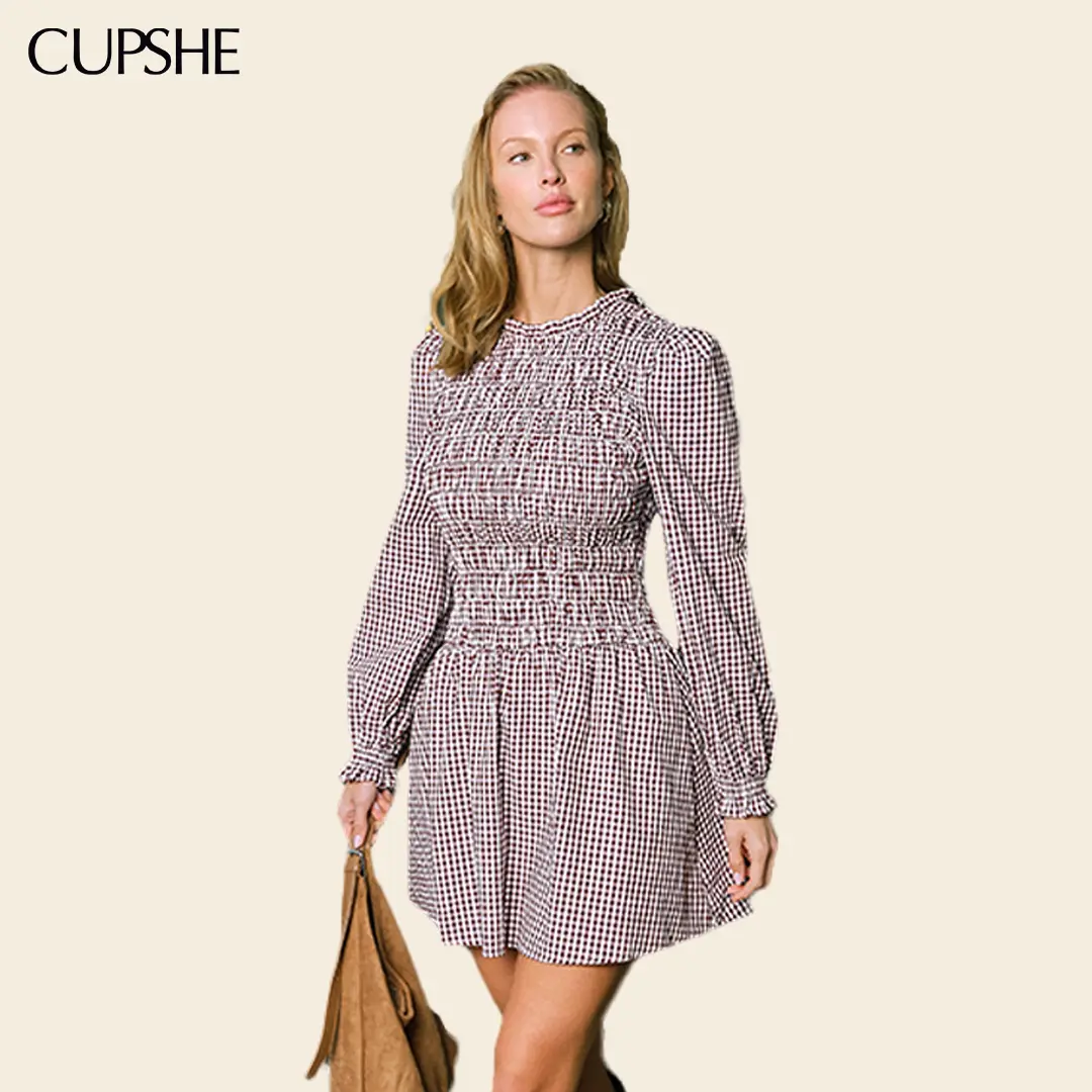 CUPSHE Apple Picking Gingham Mini Dress for Chritmas Brown Casual Long Sleeve and Slimming Effect Womenswear Women's Clothing Outfit for Fall #summerfinds Casual Chic Outfit Casual Boho Chic