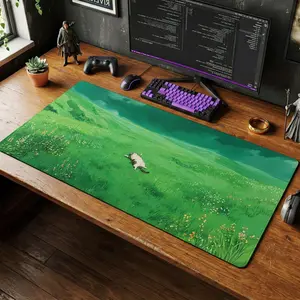 Ghibli Style Cat Meadow Desk Mat, Large Anime Gaming Setup Decor
