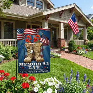 Memorial Day Garden Flag - Remember and Honor Patriotic Yard Banner - Military Combat Boots & Dog Tags Decorative Flag - Double Sided Outdoor Fall/Spring Decoration