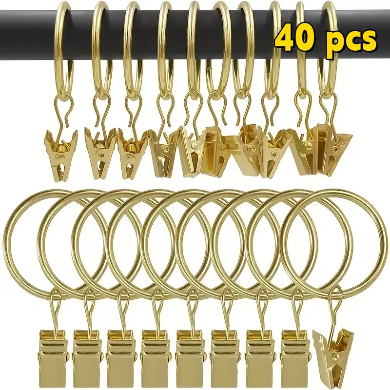 summerwins Gold-Colored Arch Curtain Rings - 40 Heavy-Duty Metal Rings with Clips, Easy Setup, Timeless Stylish Design, Home Embellishment, Compatible with Curtains, Ideal for Living Rooms, Bedrooms