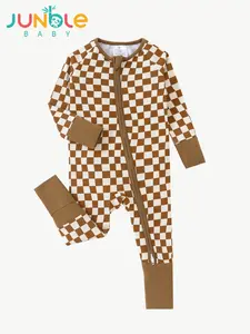 JUNBLEBABY Baby Bamboo Fiber Dress with Brown Check Pattern Double Zippers Soft Fabric Reversible Foot Cover One-Piece Play Suit