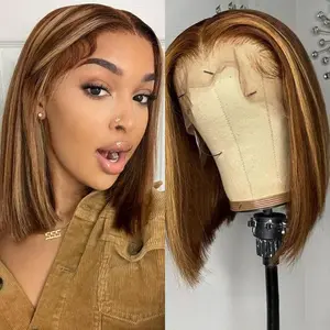 Highlight 4/27 Bob Wig Human Hair 180% Density 13x4 HD Transparent Lace Front Wigs Human Hair Pre Plucked Short Bob Glueless Straight Wigs Human Hair for Women 16 Inch