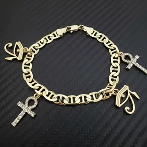 MaxBling81 High-End Gold Finished 6mm 8.5" 14K Stamped Marina Chain Egyptian Ankh & Eye of Horus Charms Bracelet for Unisex Men Women