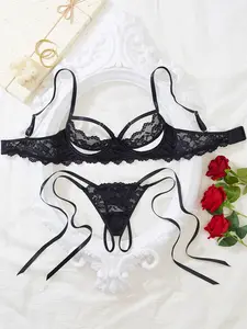 Hot Lace Hollow-Out Bind-Wrap Sexy Lingerie Set, Floral Pattern Slim-Fitting Thong Panties, Adjustable Strap for All Seasons, Underwear