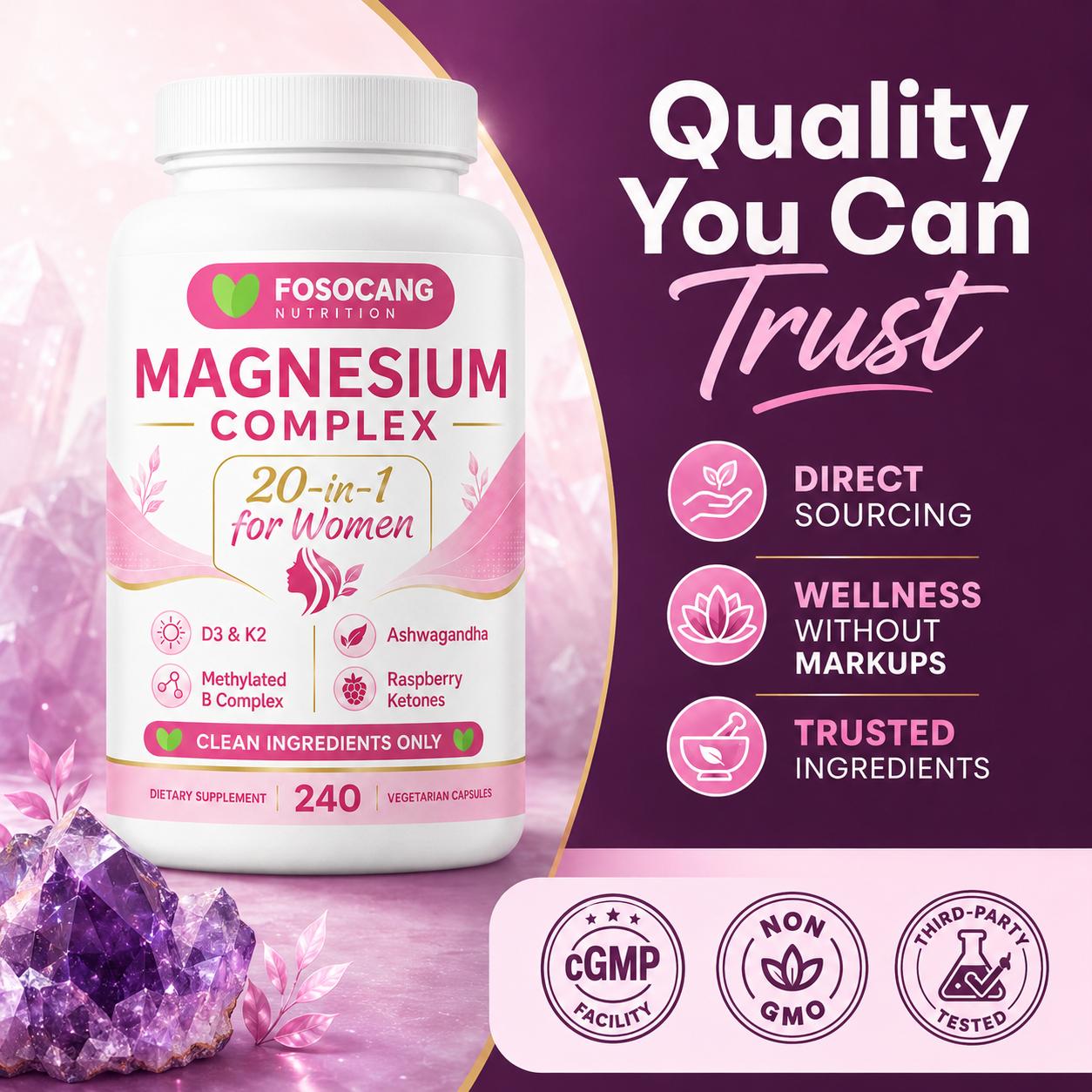 FoSoCang Magnesium Complex for Women, 240 Vegetarian Capsules | 20-in-1 Formula - Magnesium Blend with Vitamin D3, K2, Ashwagandha & More | Filler Free, Non-GMO / Healthcare,Dietary,Supplement,Edible,Bathroom,Optimum,Fitness pene fits