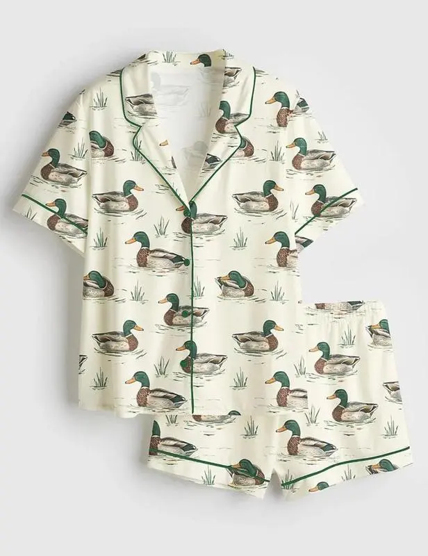 Watercolor Mallard Duck Duck Hunting Satin Pajama Set, Fun & Stylish Mallard Duck Sleepwear, Unique PJs with Design, Pajama Gift For Her