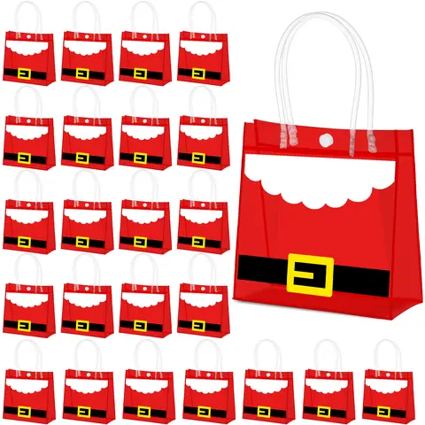 24 Pcs Christmas Clear PVC Gift Bags with Handle Santa Elf Belt Gift Bags Reusable Plastic Goodie Tote Bag for Christmas Party Favor Winter Xmas Party Favor Supplies, 6.3x5.91x3.15 Inch