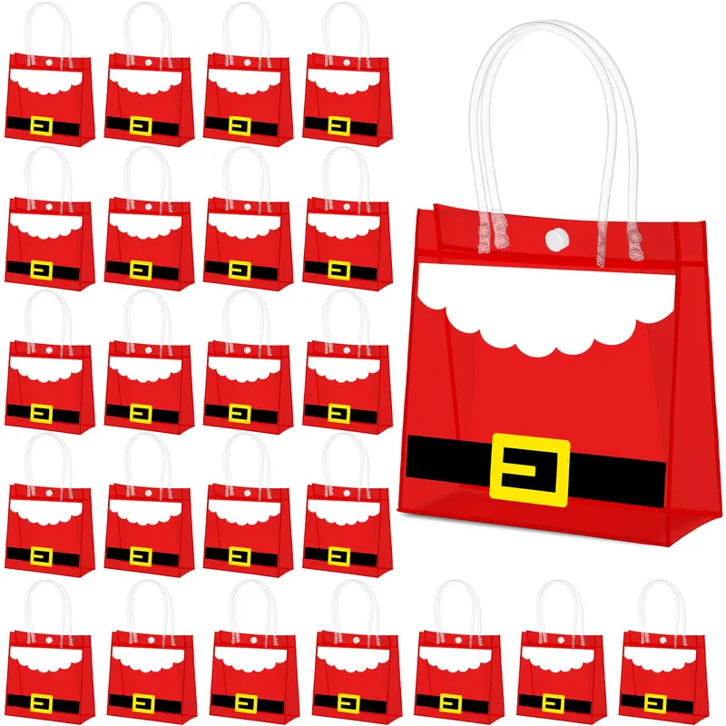 24 Pcs Christmas Clear PVC Gift Bags with Handle Santa Elf Belt Gift Bags Reusable Plastic Goodie Tote Bag for Christmas Party Favor Winter Xmas Party Favor Supplies, 6.3x5.91x3.15 Inch