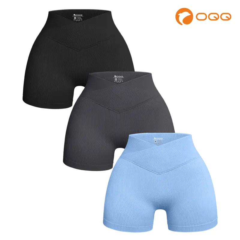 OQQ Women's 3-Piece Ribbed Knitting Fitted High-Waist Cross-Over Yoga Shorts - Soft Stretch, Breathable, Quick Dry Yoga Activewear, Ideal Gift for Women's Gym Workouts