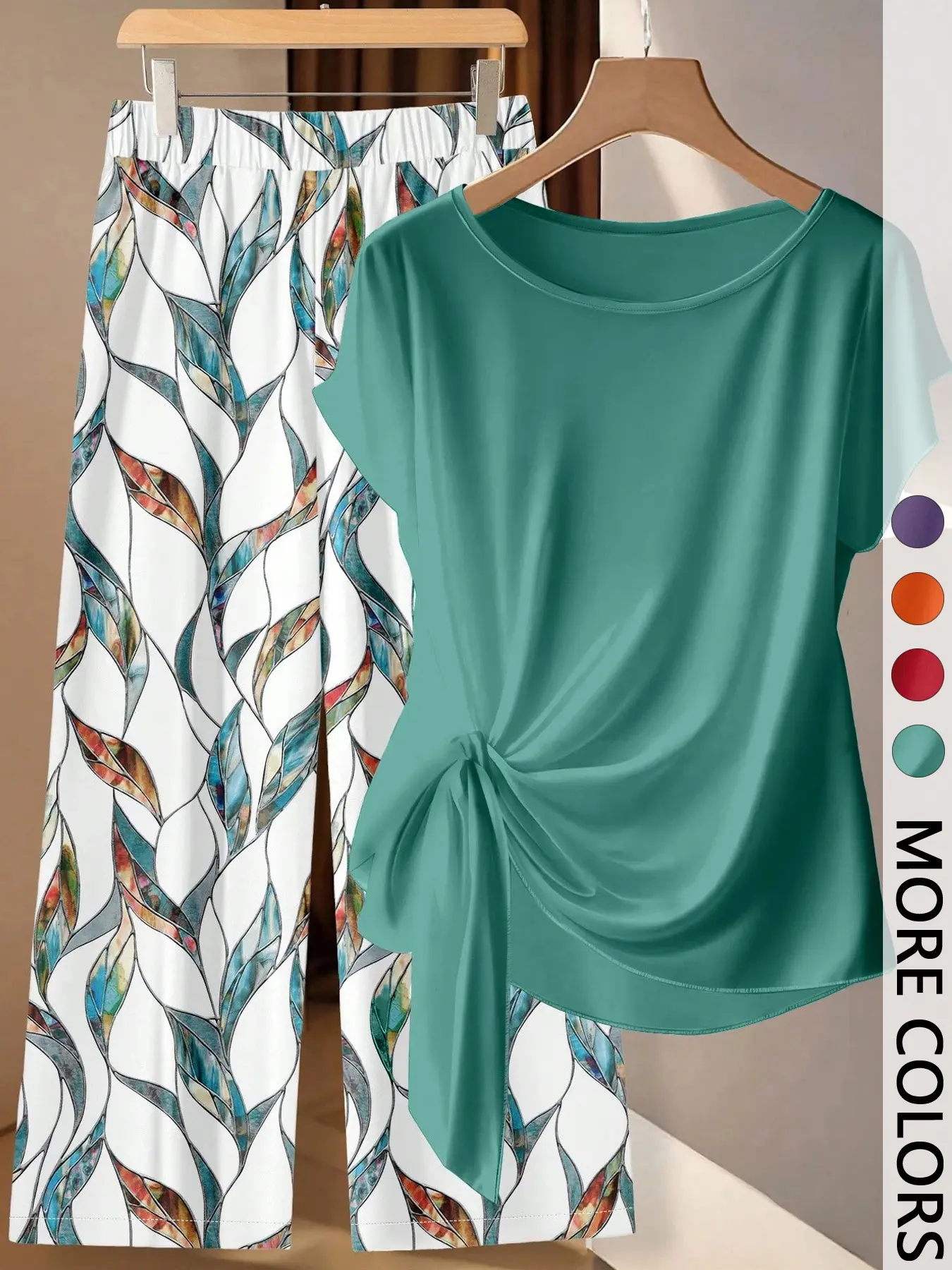 2 Piece Set Spring Summer Women Casual Matching Outfit, Clothes, Solid Color, Round Neck, Knot Waist Short Sleeve Tops & Elastic Waist Leaf Printed Loose Straight Wide Leg Pants Set, Soft Silky Loungewear, Daily Office Vacation Country Beach Going Out