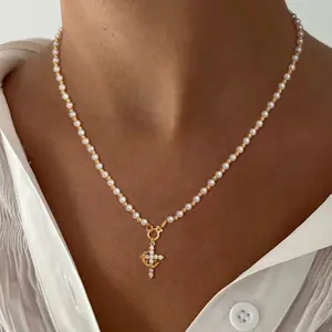 Tewiky Gold Pearl Beaded Crown Cross Necklace for Women, 4mm Pearls 3mm Beads Dainty Layered Style Jewelry Gift Tahitianpearl
