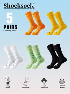 5 Pairs Men's Mid-Calf Cotton Sports Socks - Thick Anti-Slip Shock Absorption, Ankle Support, Arch Compression, All-Season Wear, White Professional Basketball Socks with Reinforced Toe and Heel