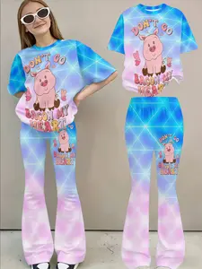 Girls Short Sleeve Bell Bottoms Set, Gradient Rainbow Cartoon Pig Print, Casual Outdoor Two-Piece Set, Fitted Long Pants