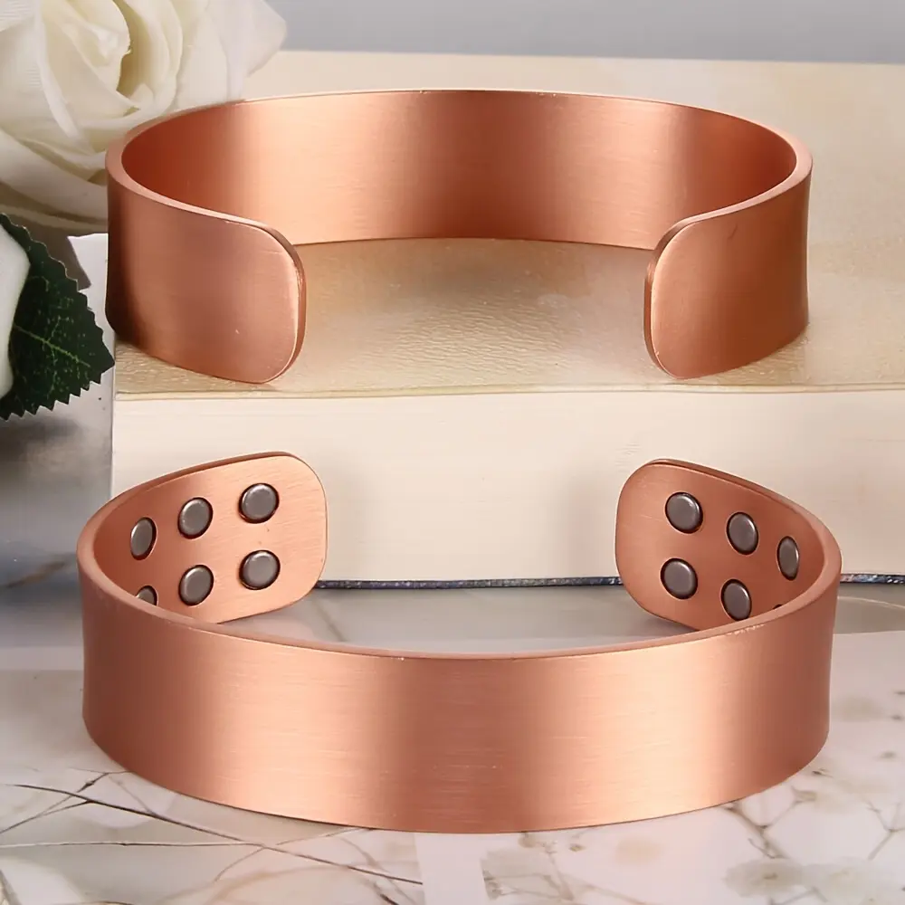 Solid Copper Cuff Bracelet for Men, Minimalist Masculine Open Bangle, Adjustable Hypoallergenic Magnetic Jewelry for Daily Wear
