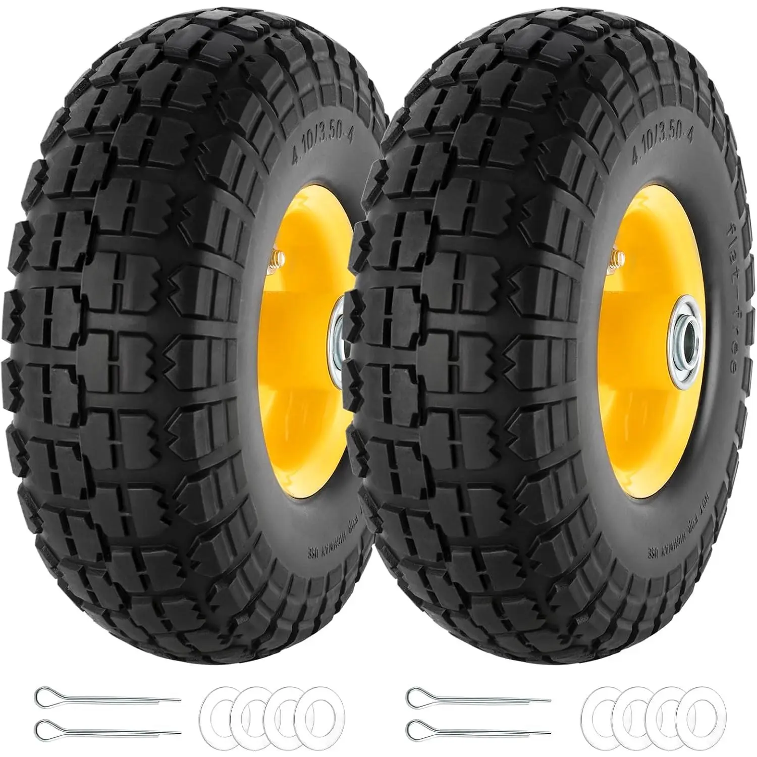 2 count 4.10/3.50-4" 10 Inch Flat Free Solid Rubber Tire and Wheel with 5/8" Axle Bore Hole, 2.2" Offset Hub replacement for Hand , Wheelbarrow, gorilla cart, Garden wagon Cart, , Utility Cart