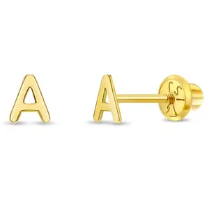 14k Gold Itsy Bitsy Initial Letter Toddler / Kids / Girls Earrings Safety Screw Back