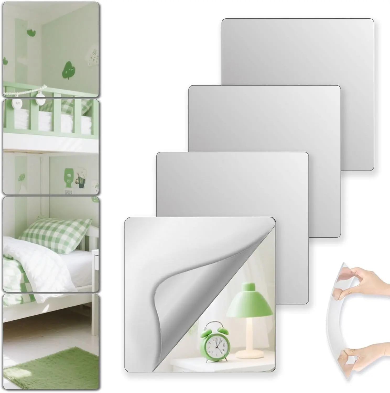 Shatterproof Peel and Stick on Mirror Tiles for Wall Decorative, 4 pcs 8”x8” Unbreakable Small Mirrors for Wall Classroom Decor, Toddlers Mirror for Kids Bedroom, Plastic Door Adhesive Mirrors