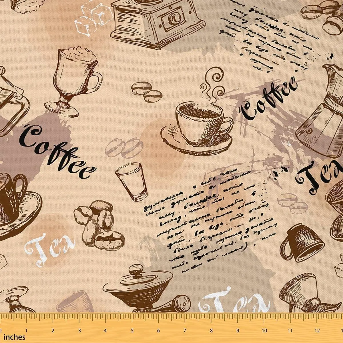 Coffee Theme Fabric,Vintage Espresso Machine Design Upholstery Fabric,Retro Doodle Style Decorative Fabric Home DIY Projects,Waterproof Fabric,,Light Brown