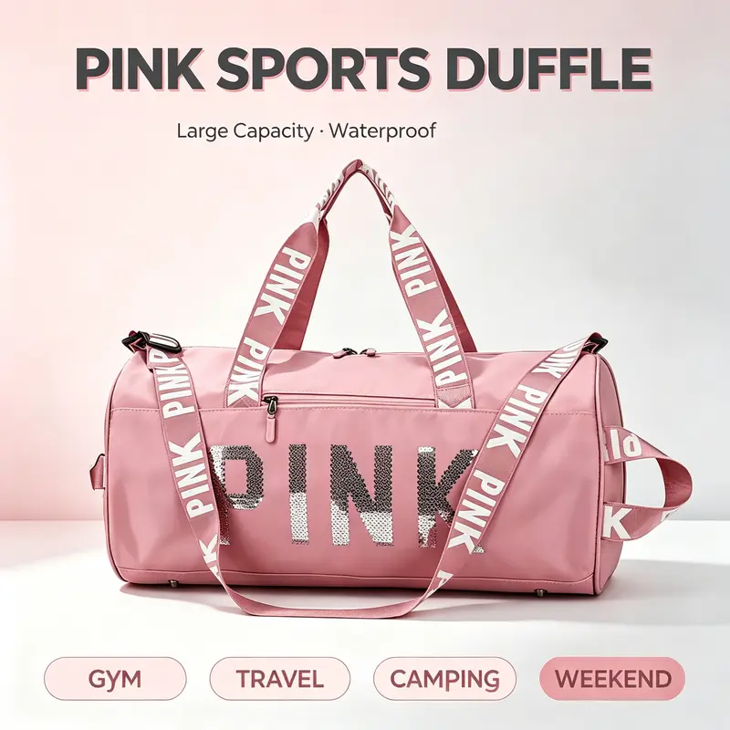 Unisex Pink Sparkly Sequin Sturdy Sports Duffle Gym Bag - Large Capacity, Waterproof, Scratch-Resistant, Lightweight, Buckle, Double Zips - Travel Bag for Adults’ Gym Workouts, Short Trips, Gym Bags, Travel Bags