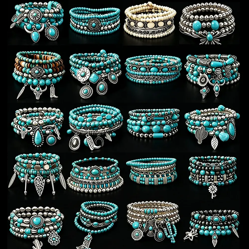 20pcs(4 Sets) Mix Women Bohemian synthetic Turquoise Beaded Bracelet Set, Multi‑Layer Vintage Ethnic Tassel Charm Stackable Stretch Bracelets, Retro Western Style Statement Fashion Jewelry for Beach Vacation Dating Party, Birthday Holiday Gift for Her