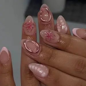 24pcs Short Almond Fake Nails, Nude Base with 3D Cherry Blossom, Trim, Shell Texture, Easy Wear, Korean Style