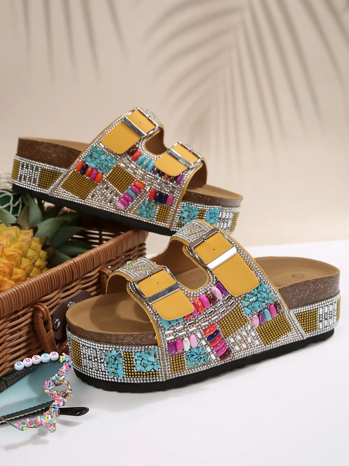 Bohemian Rhinestone Beaded Platform Slides, Adjustable Buckle Summer Sandals, Sparkly Thick Sole Shoes for Women, Stylish Footwear, Beach Platform Shoes, Fashionable Glitter Sandals