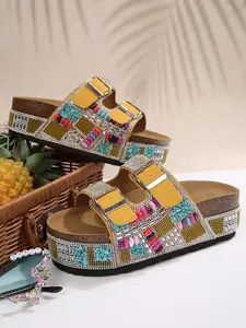 Bohemian Rhinestone Beaded Platform Slides, Adjustable Buckle Summer Sandals, Sparkly Thick Sole Shoes for Women, Stylish Footwear