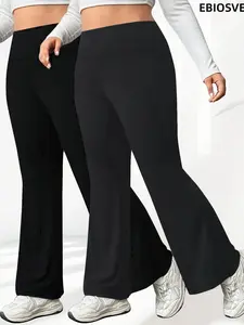 Plus Size, Large Size - 2pcs Of Large-sized Solid-color Flared Pants, Elegant High-waisted Pants, Suitable for All Seasons, High-Waisted Elastic Slim Fit Pants, Side Pockets, Suitable for Office, Casual, Yoga, Travel Wear, Tummy Control And Shaping