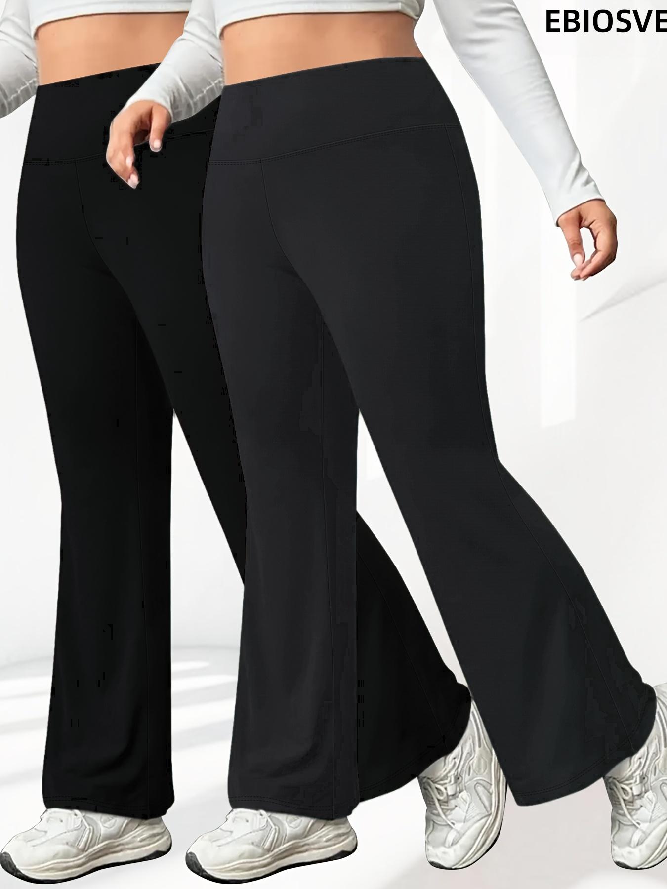 Plus Size, Large Size - 2pcs Of Large-sized Solid-color Flared Pants, Elegant High-waisted Pants, Suitable for All Seasons, High-Waisted Elastic Slim Fit Pants, Side Pockets, Suitable for Office, Casual, Yoga, Travel Wear, Tummy Control And Shaping
