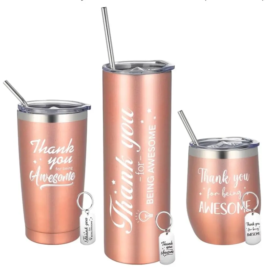 6 Pcs Thanks for Being Awesome Tumbler and Keychains Insulated Stainless Steel Traveler Tumbler with Lid and Straw Thank Gifts Appreciation Gift with Keychain for Women Men (Rose Gold)