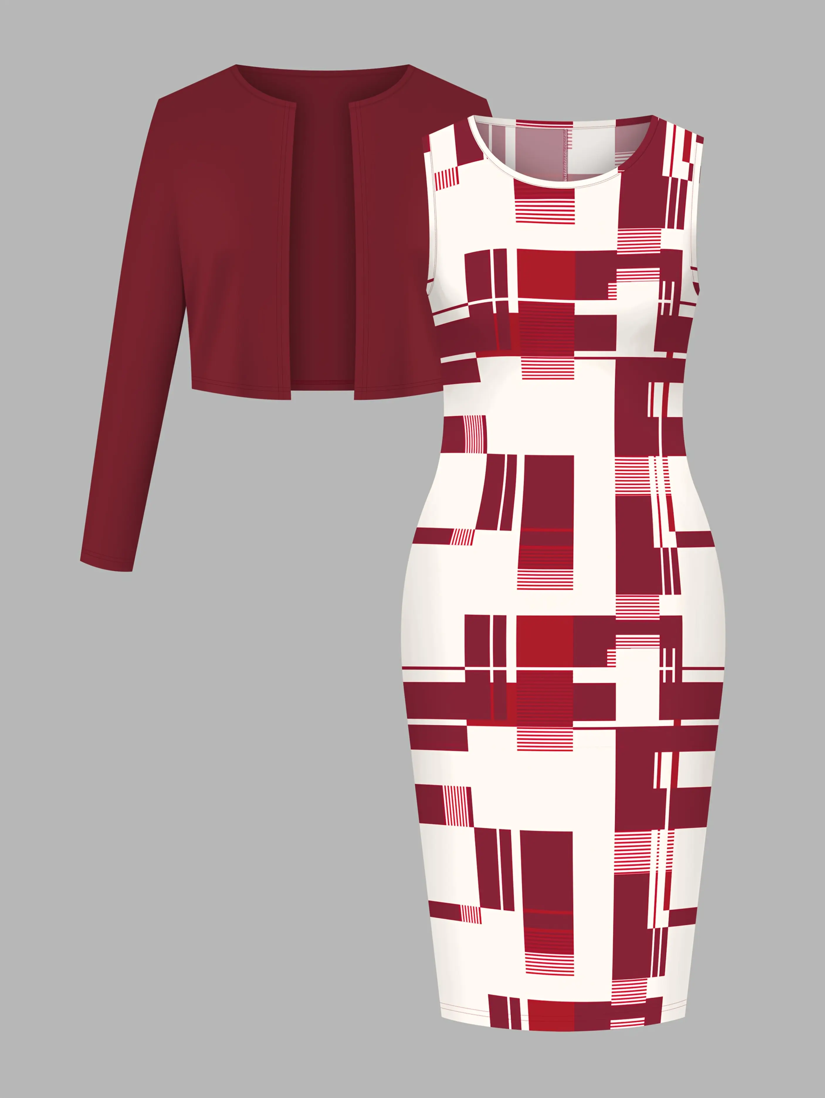 Women's 2-Piece Set: Burgundy Cropped Long-Sleeve Bolero Cardigan & Red Geometric Print Sleeveless Bodycon Midi Dress